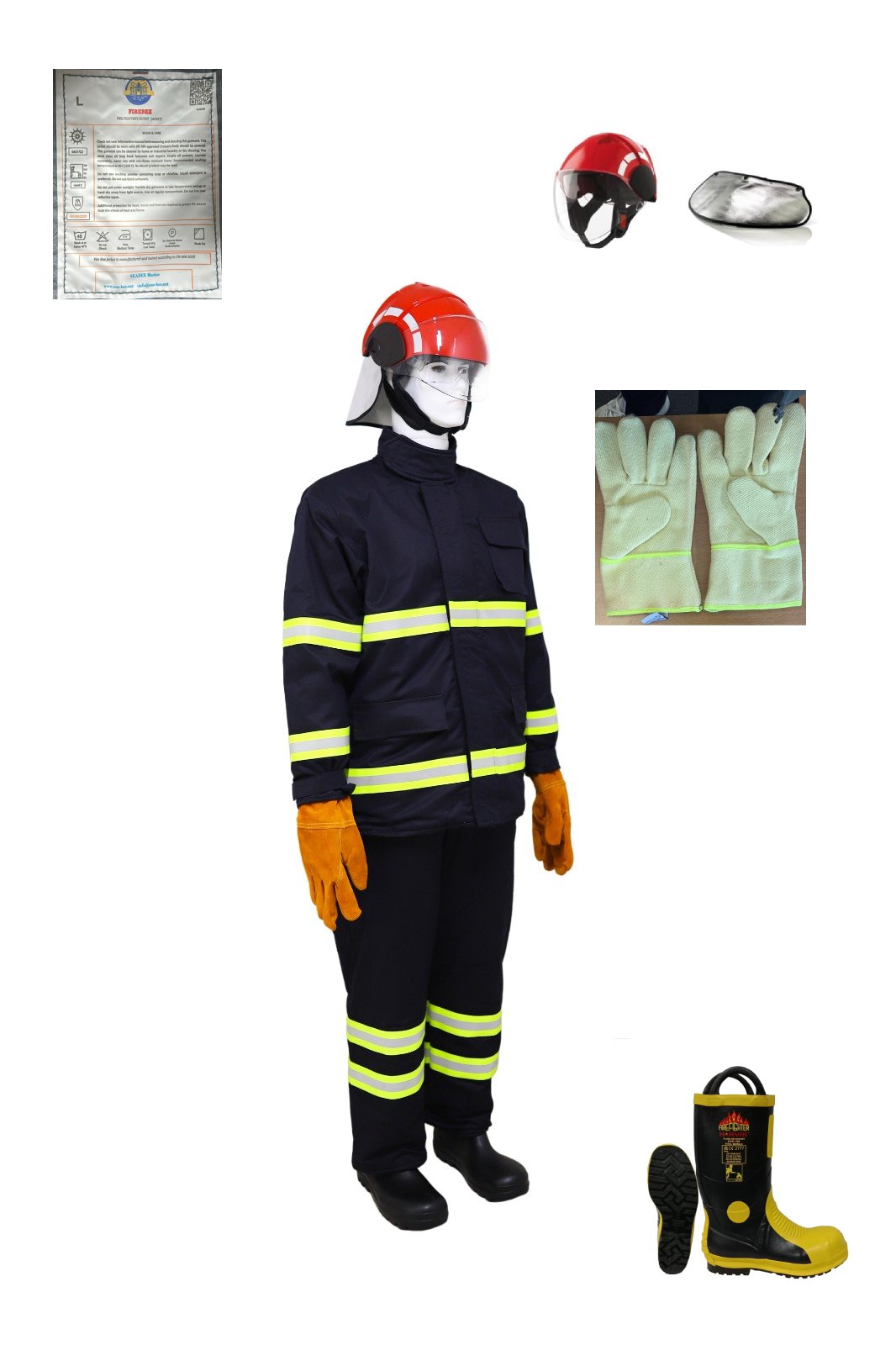 COMPLETE FIREMAN'S SUIT EN469:2020 LEVEL II,MED. APPROVED - SEABEE BRAND JACKET . TROUSER AND GLOVES , PAB HELMET , HARVIK BOOT