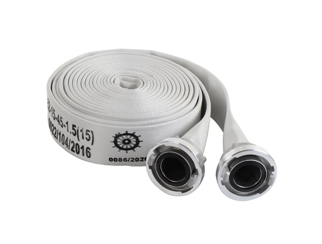 FIRE HOSE, MED APPROVED, UNCOATED SINGLE JACKET,  WHITE,  15 BAR, 52MM x 15MTR/CL