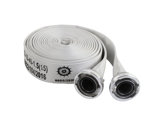 FIRE HOSE, MED APPROVED, UNCOATED SINGLE JACKET,  WHITE,  15 BAR, 65MM x 20MTR/CL