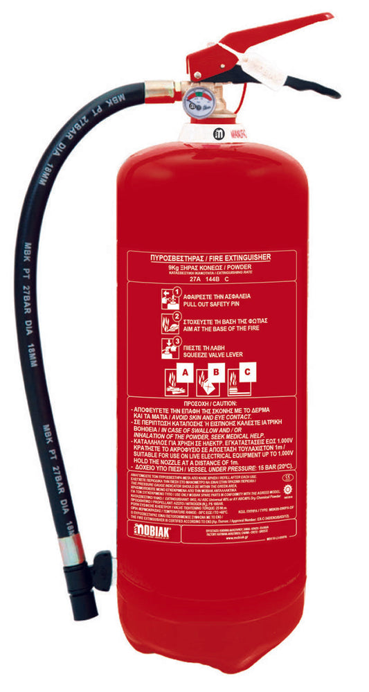 MOBIAK BRAND PORTABLE DRY POWDER  - DP - ABC TYPE %40  - FIRE EXTINGUISHER -  9 KG  - STORED PRESSURE - MED APPROVED -