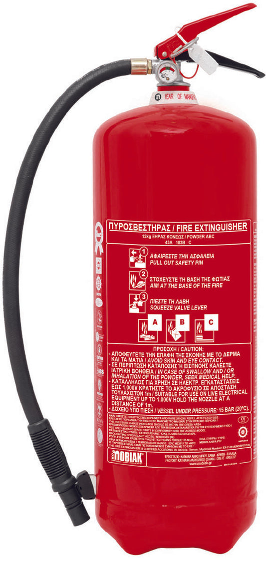 MOBIAK BRAND - PORTABLE DRY POWDER  - DP - ABC TYPE %40  - FIRE EXTINGUISHER -  12 KG  - STORED PRESSURE - MED APPROVED -
