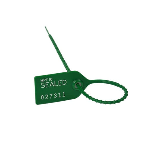GREEN COLORED PLASTIC NUMBERED SEALS 380X7MM 10 PCS PER PACK